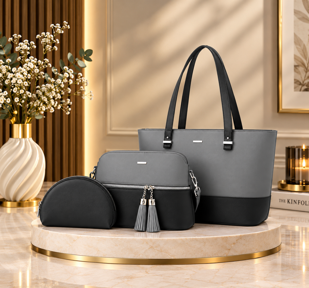 Icone 3-Piece Premium Handbag Set for Women – Stylish Tote, Shoulder Bag & Wallet