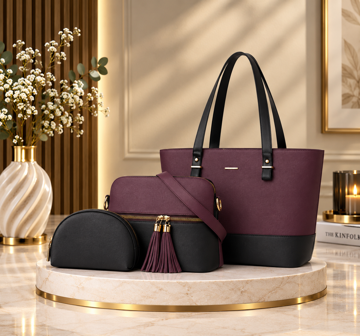 Icone 3-Piece Premium Handbag Set for Women – Stylish Tote, Shoulder Bag & Wallet