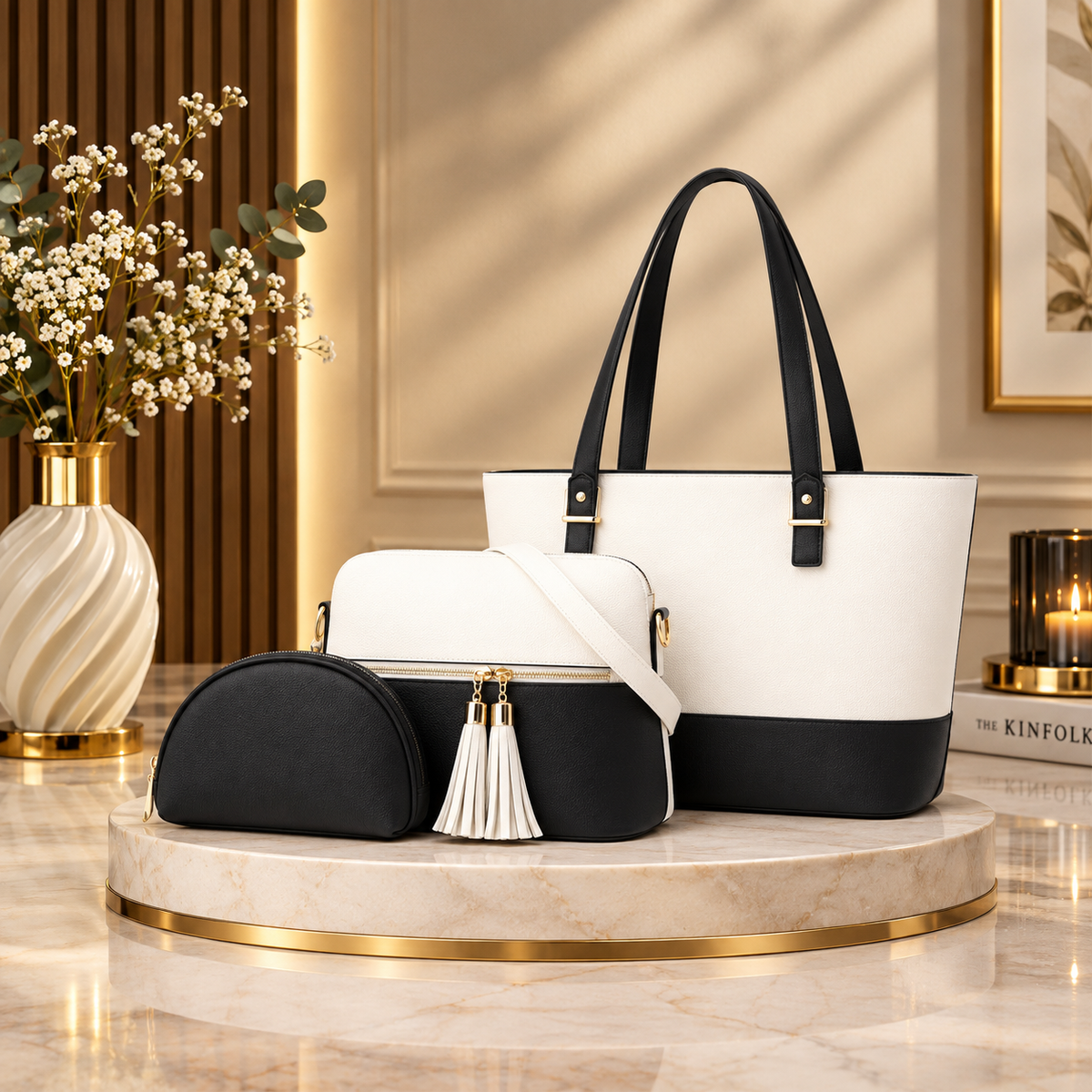 Icone 3-Piece Premium Handbag Set for Women – Stylish Tote, Shoulder Bag & Wallet