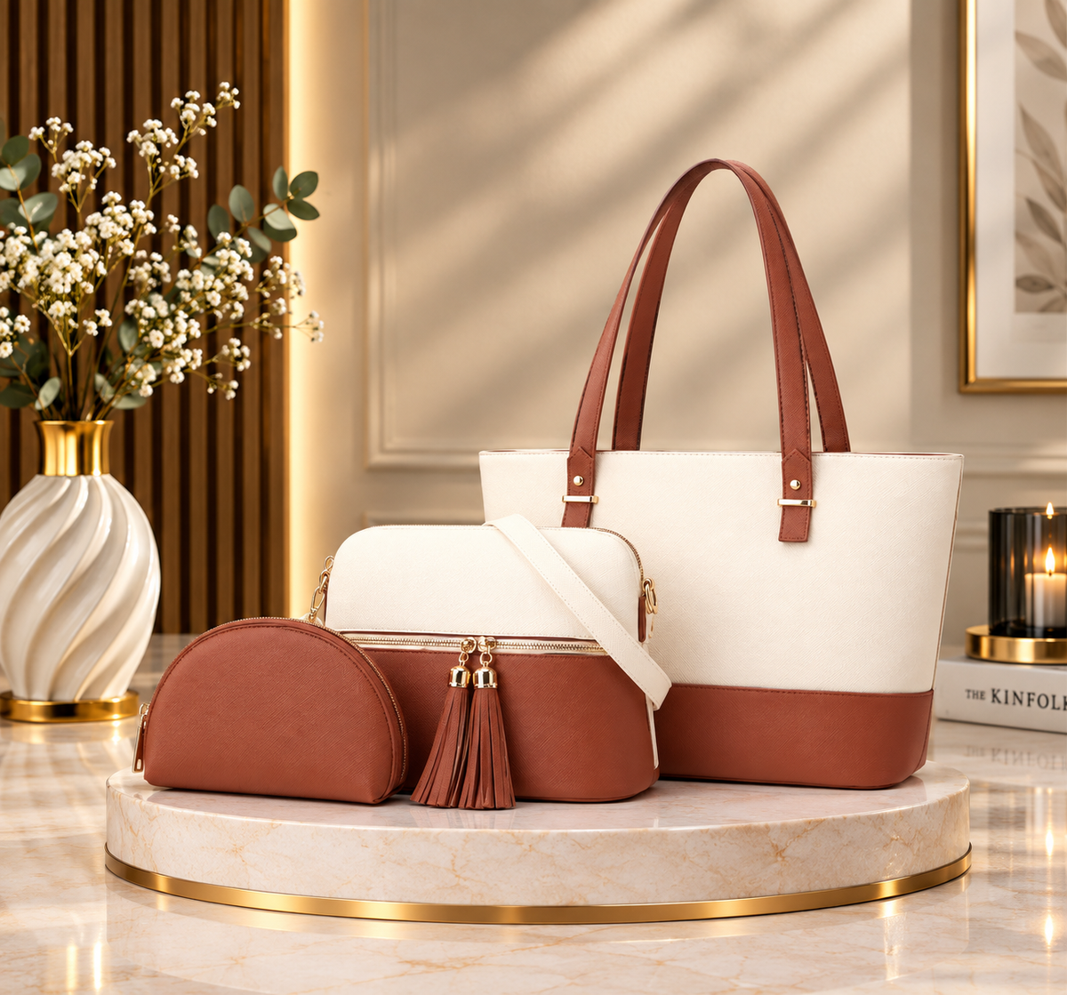 Icone 3-Piece Premium Handbag Set for Women – Stylish Tote, Shoulder Bag & Wallet